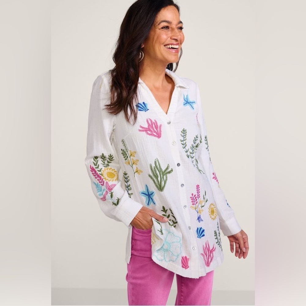 Soft Surroundings Escambia Gauze Tunic Shirt Embroidered Sea Life beach XL - Picture 4 of 9